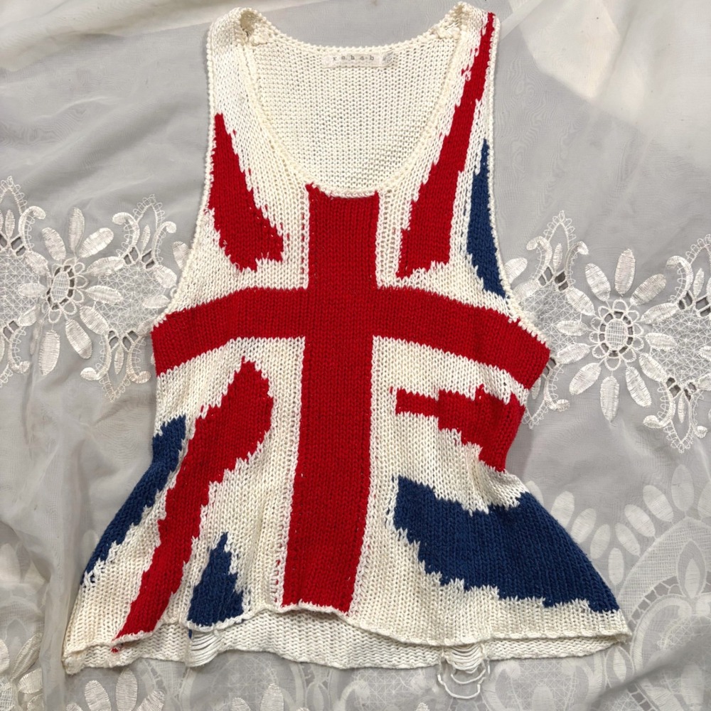 Indie Sleaze Grunge Y2K Union Jack Flag Knit Tank Top Distressed Shredded M